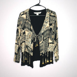 Vintage 90's Cardigan with Jingle Design Medium Black Cream Tie Front